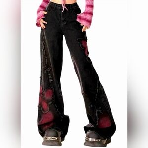Fashion Distressed Wide-Leg Jeans Y2k Butterfly Pants Gothic Baggy Jeans Tye Die